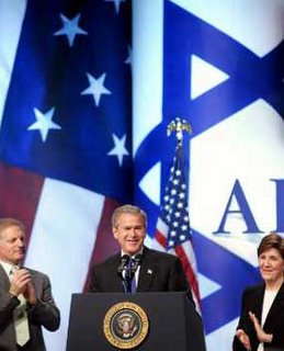 Bush at AIPAC meeting, US and Israel flags